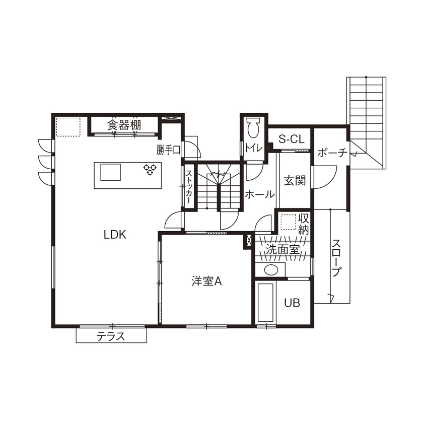 プエルダホーム 【札幌市/二世帯/4LDK間取図】広々ドックランに高低差を活かしたビルトインガレージ、「思いきり遊べる」家の間取り図（4LDK）１階