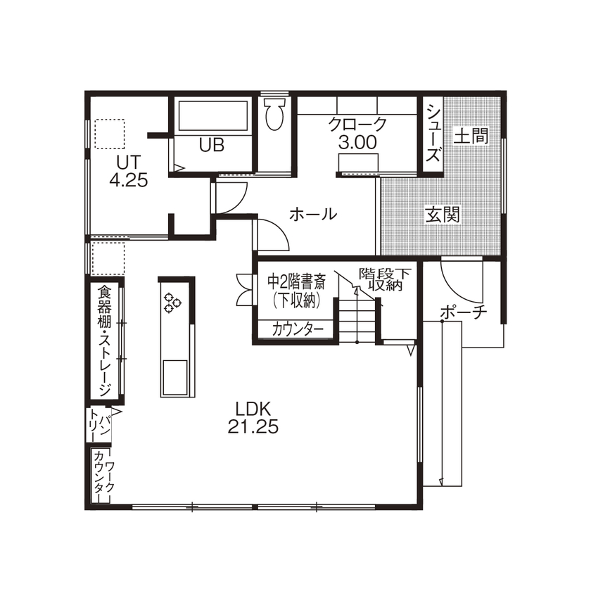 プエルダホーム 【札幌市/屋上/中2階/リビングシアター】ホテルや宿のデザインを参考に「遊ぶ、くつろぐ」をわが家にもの間取り図（4LDK+フリースペース）１階