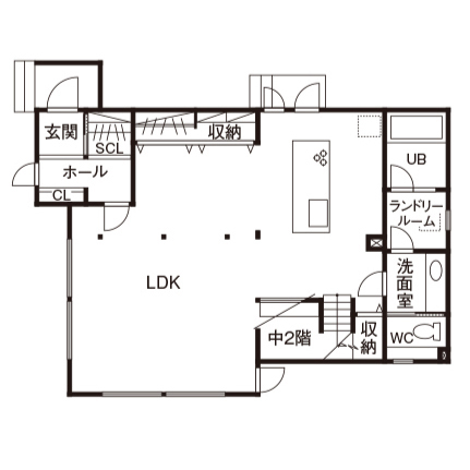 プエルダホーム 【中2階/ペットスペース/3LDK間取図】真冬でもTシャツで過ごせる吹抜けリビングや“秘密基地”がお気に入りの間取り図（3LDK）1階