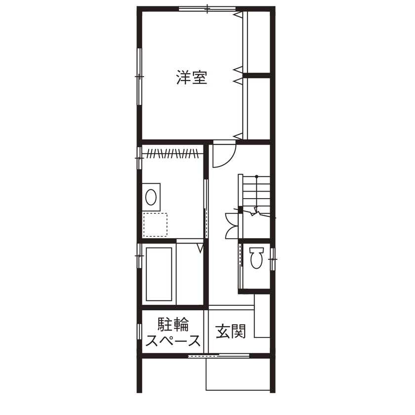 秀建（シュウケン） 【京都府/1000万円台/狭小/敷地約20坪/3階建て】土間には趣味の自転車のディスプレイがある実例の間取り図（3LDK＋納戸＋小屋裏）1階