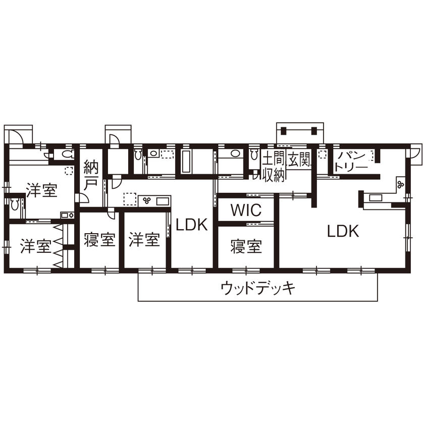 秀建（シュウケン） 【京都府/2000万円台/平屋】家事がしやすくて多収納。住宅街の中に建つ平屋の2世帯住宅（間取り図有）の間取り図（5LLDDKK）1階