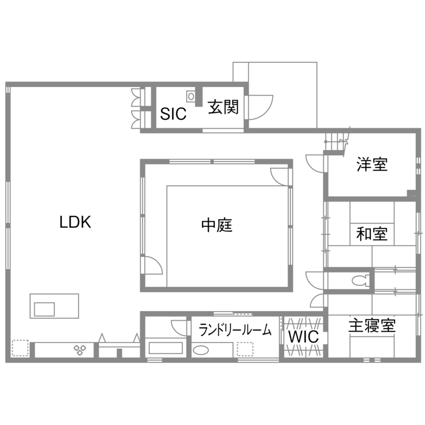 ジューテックホーム 【神奈川県/平屋/間取り図】北欧家具からイメージした中庭のある家。木やタイルの素材にくつろぐ大人の空間の間取り図（3LDK）1階