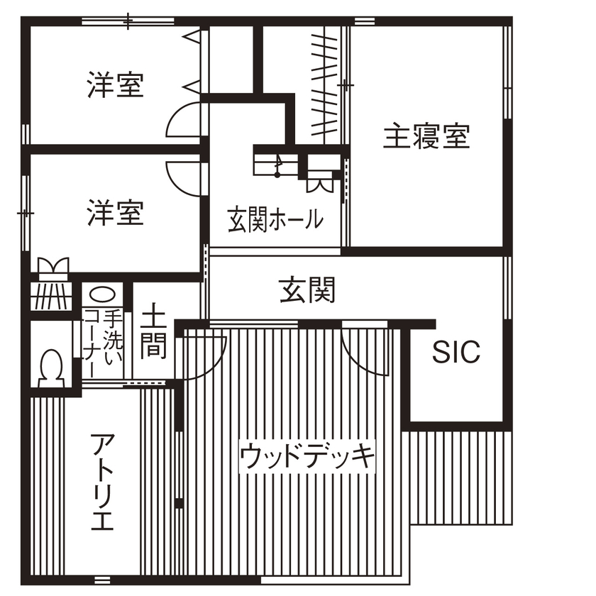 ジューテックホーム 【4000万円台/モダンデザイン/自然素材/間取り図】大きな窓のある吹抜で、美術館のような“光の美しい家”の間取り図（3LDK＋アトリエ）１階