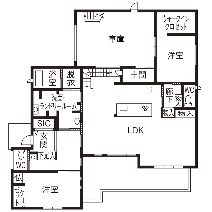 建築工房 和 -nagomi- 【奈良県五條市/6100万円台】住まいの性能にこだわった、愛車を眺められる平屋ガレージハウスの間取り図（2LDK＋ガレージ）1階