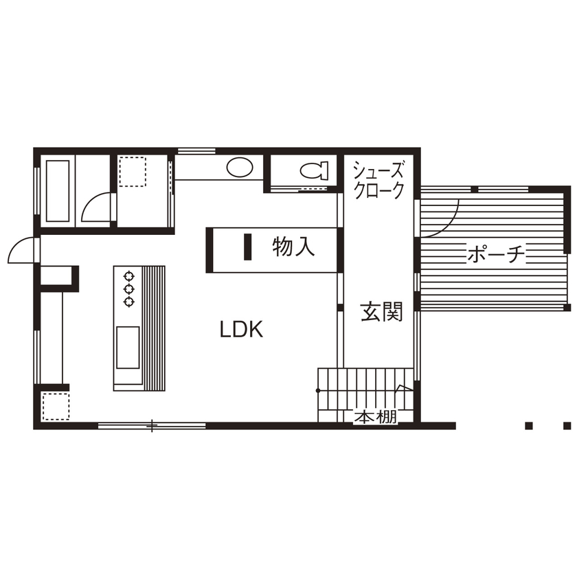 建築工房 和 -nagomi- 【奈良県奈良市/3100万円台】暮らしをより豊かにする工夫を詰め込んだ、十津川村の木を使ったオープンな家の間取り図（２LDK）1階