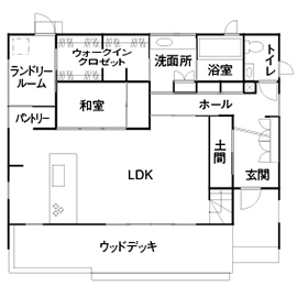 エクセレントホーム 【平屋に見える2階建て/間取図】一目惚れしたオシャレな外観を実現!住みやすく、開放的な吹抜けのある実例の間取り図（3LDK）1階