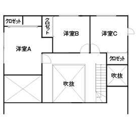 エクセレントホーム 【平屋に見える2階建て/間取図】一目惚れしたオシャレな外観を実現!住みやすく、開放的な吹抜けのある実例の間取り図（3LDK）2階