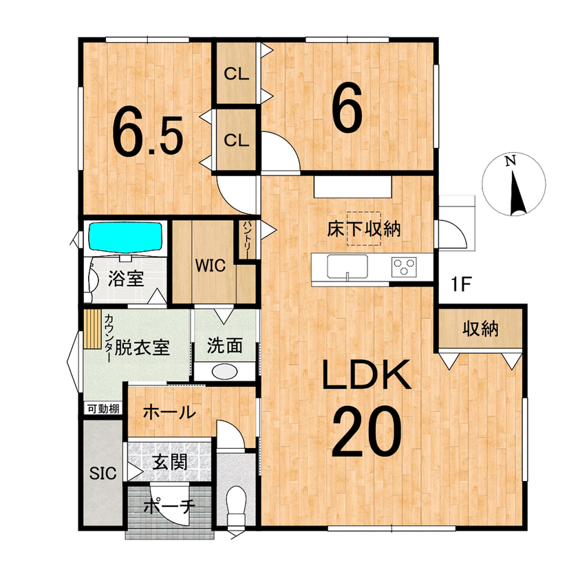 ももくりの家 【東近江市/1610万円/平屋】暮らしやすさを追求した、コンパクトな平屋の間取り図（2LDK）1階