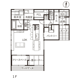 DETAIL HOME（ディテールホーム） 縁側のようなウッドデッキ、庭とつなぐ広縁のある住まいの間取り図（3LDK）1階