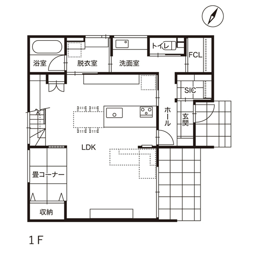 DETAIL HOME（ディテールホーム） こもれるヌックと開放的な勾配天井リビングの住まいの間取り図（3LDK）1階