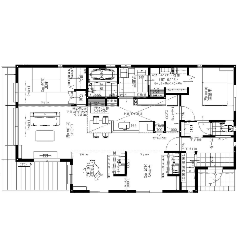 ユニバーサルホーム（福岡マリナ通り店、福岡南店、宗像店、唐津店） 【2000万円台/30坪台/間取り図】考え抜かれた生活導線と広々LDKで家族がゆるやかに繋がる平屋の住まいの間取り図（４LDK+WIC）1階