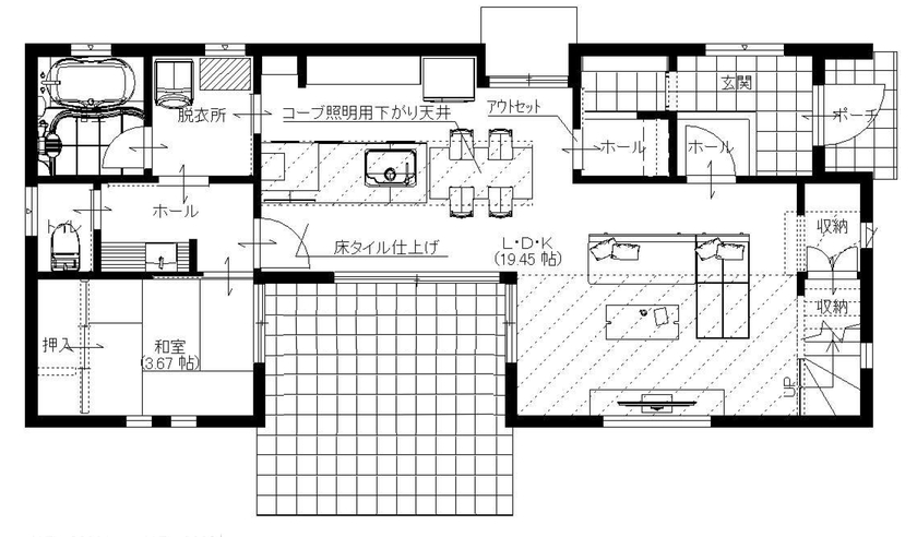 ユニバーサルホーム（福岡マリナ通り店、福岡南店、宗像店、唐津店） 【2,000万円台/30坪台/間取り図】毎日の暮らしを満喫できる趣味が詰まった住まいの間取り図（4LDK+S）1階