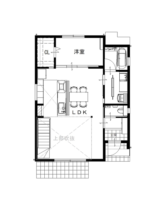 ユニバーサルホーム（福岡マリナ通り店、福岡南店、宗像店、唐津店） 【20坪台/間取り図】約8帖の吹抜けリビングが叶える家族が集う大空間LDKの間取り図（3LDK）1階