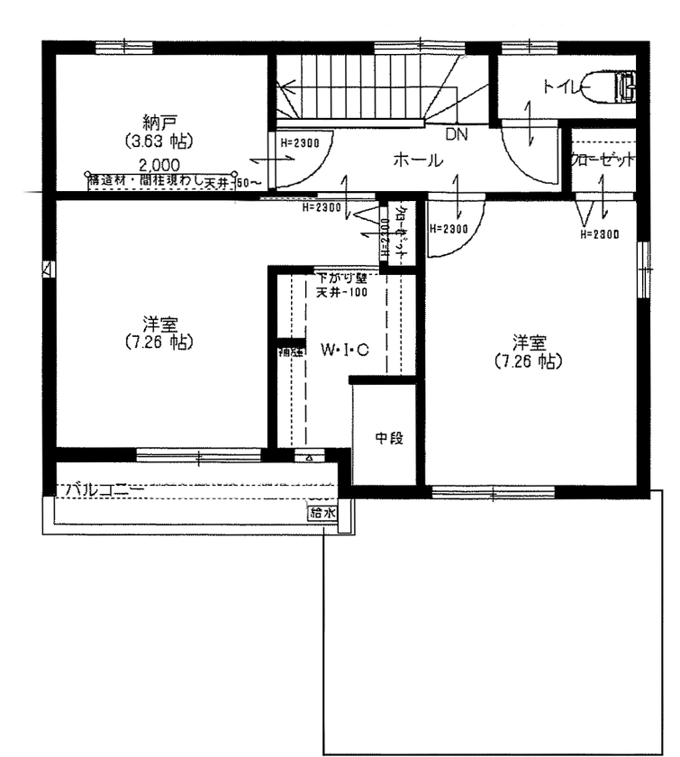 ユニバーサルホーム（福岡マリナ通り店、福岡南店、宗像店、唐津店） 【2,000万円台/30坪台/間取り図】プライバシーを確保した充実の書斎がある住まいの間取り図（3LDK）2階