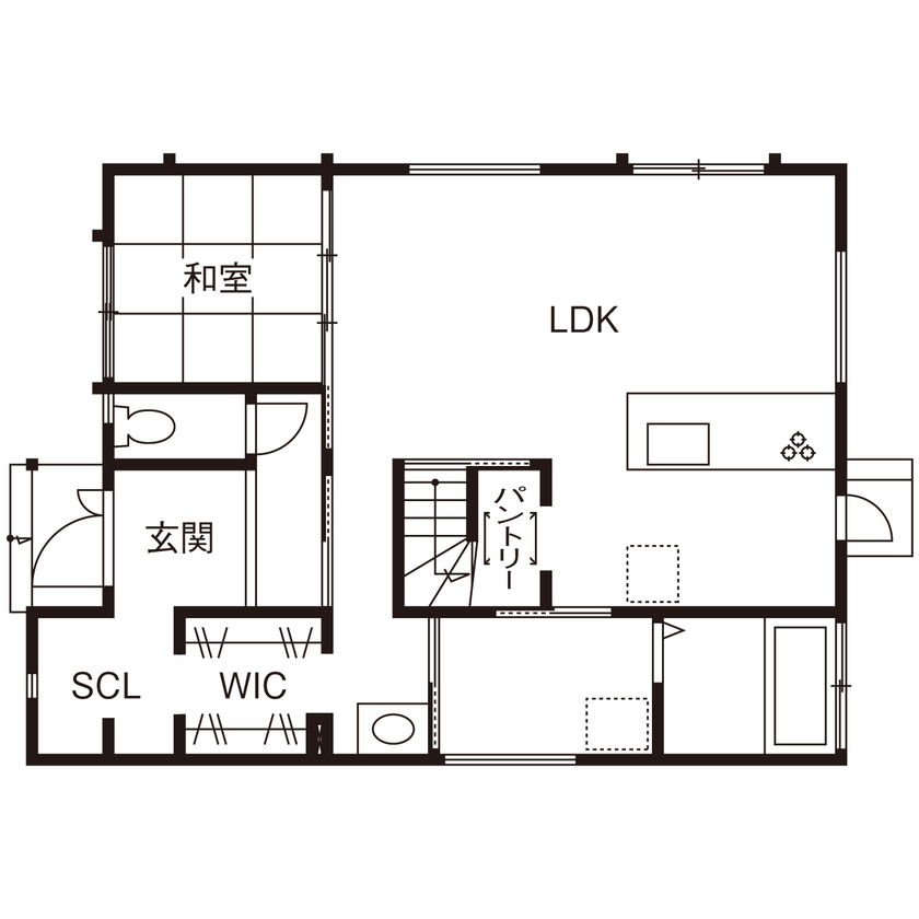こだわり工務店　そうしん 【京都府/1000万円台/間取り有】回遊動線に裏動線、1階で家事が完結する間取りにこだわった快適な住まいの間取り図（5K以上）1階