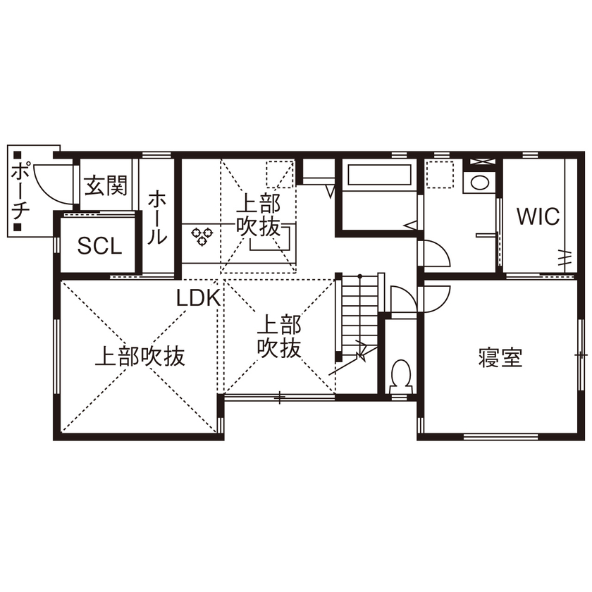 こだわり工務店　そうしん 【滋賀県/2000万円台/間取り有】平屋のような佇まいや間取りが魅力。住まい全体が緩やかに繋がる吹抜けの家の間取り図（3LDK）1階