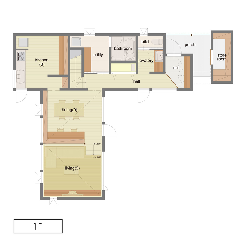 アートホーム 【A-prot】｜千歳市/４LDK｜魅せる収納。坂道をモチーフに間取りが計画された白く美しい家の間取り図（4LDK）1階
