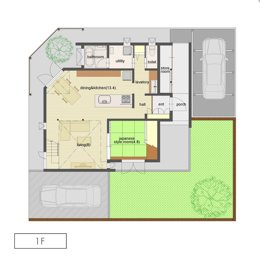 アートホーム 【A-prot】｜千歳市/３LDK｜２階まで届く大きな窓は雑木林が借景。敷地の特徴が活かされた家の間取り図（3LDK）1階