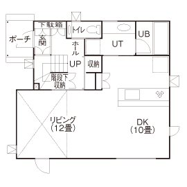 アートホーム 【mini prot Basic】｜札幌市/３LDK｜リビングの吹抜けと７連窓の開放感［タイプと間取選択・規格化住宅］の間取り図（3LDK）1階