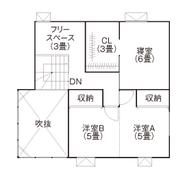 アートホーム 【mini prot Basic】｜札幌市/３LDK｜リビングの吹抜けと７連窓の開放感［タイプと間取選択・規格化住宅］の間取り図（3LDK）2階