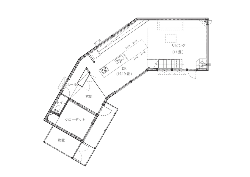 アートホーム 【A-Prot】｜虻田郡/大空間/２LDK｜太陽の位置から計算された、自然とともに生きるくの字型の家の間取り図（2LDK）1階