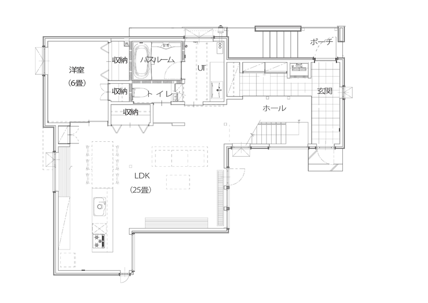 アートホーム 【A-Prot】｜千歳市/3LDK｜フリースペースからLDKが見渡せる開放的な空間構成。土間続きに外とつながる家の間取り図（3LDK+フリースペース）1階