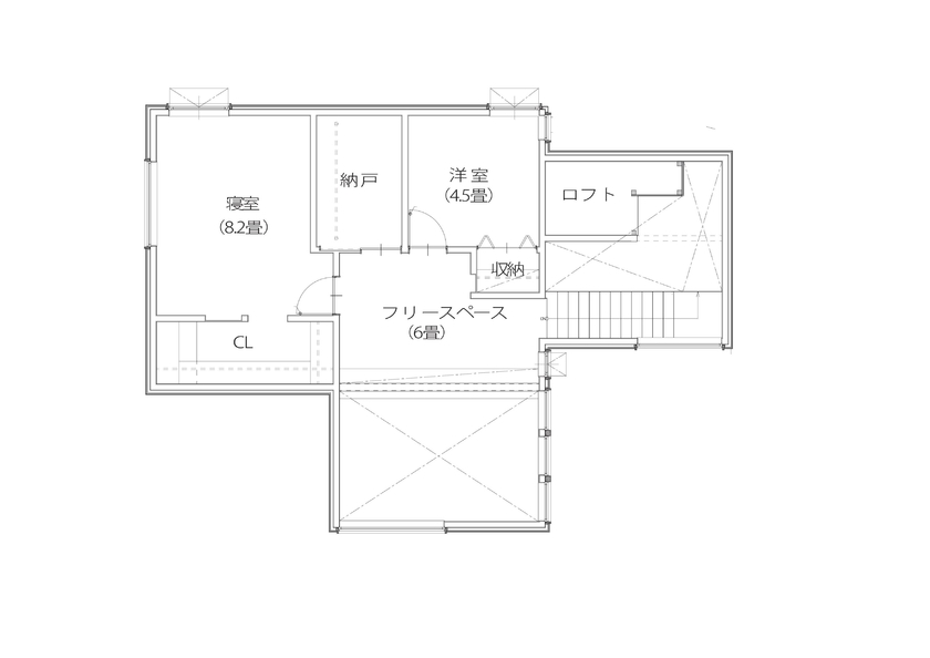 アートホーム 【A-Prot】｜千歳市/3LDK｜フリースペースからLDKが見渡せる開放的な空間構成。土間続きに外とつながる家の間取り図（3LDK+フリースペース）2階