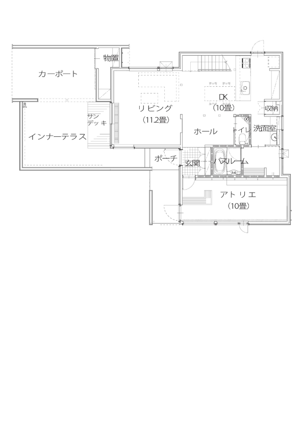 アートホーム 【A-Prot】｜岩見沢市/3LDK+アトリエ｜ビルトインガレージとインナーテラス。外構アプローチが美しい住まいの間取り図（3LDK+アトリエ）1階