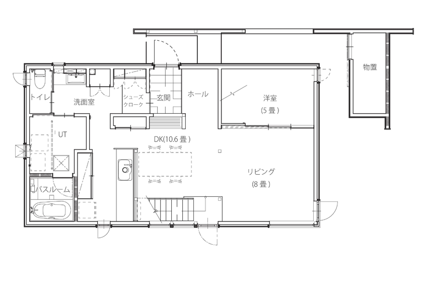 アートホーム 【mini prot Exz】｜苫小牧市/４LDK｜お客様ご要望のウッドデッキを配置［タイプと間取選択・規格化住宅］の間取り図（4LDK）1階