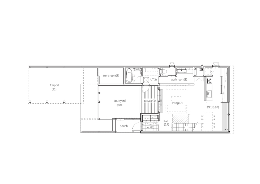 アートホーム 【A-Prot】｜札幌市/3LDK+FS｜ルーバーで囲まれた程よい距離感の中庭と建物と一体感のある造作カーポートの間取り図（3LDK+フリースペース）1階