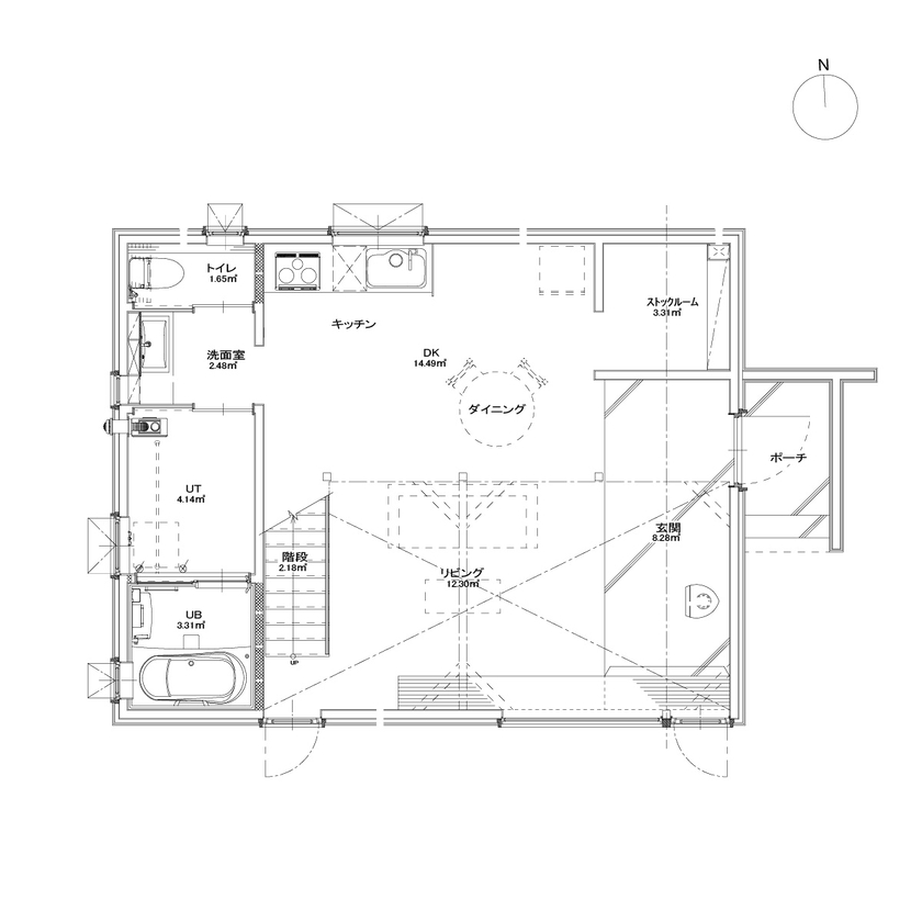 アートホーム 【A-Prot】｜千歳市/2LDK｜窓辺に薪ストーブ・キャットウォークのある、猫と暮らす家の間取り図（2LDK）1階
