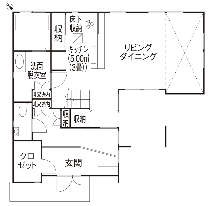家物語　小林工務店 【吹き抜け/間取り図あり/1,000～1,500万円】直線の美しさが表現された外観。緑が彩る中庭のある家の間取り図（3LDK）1階