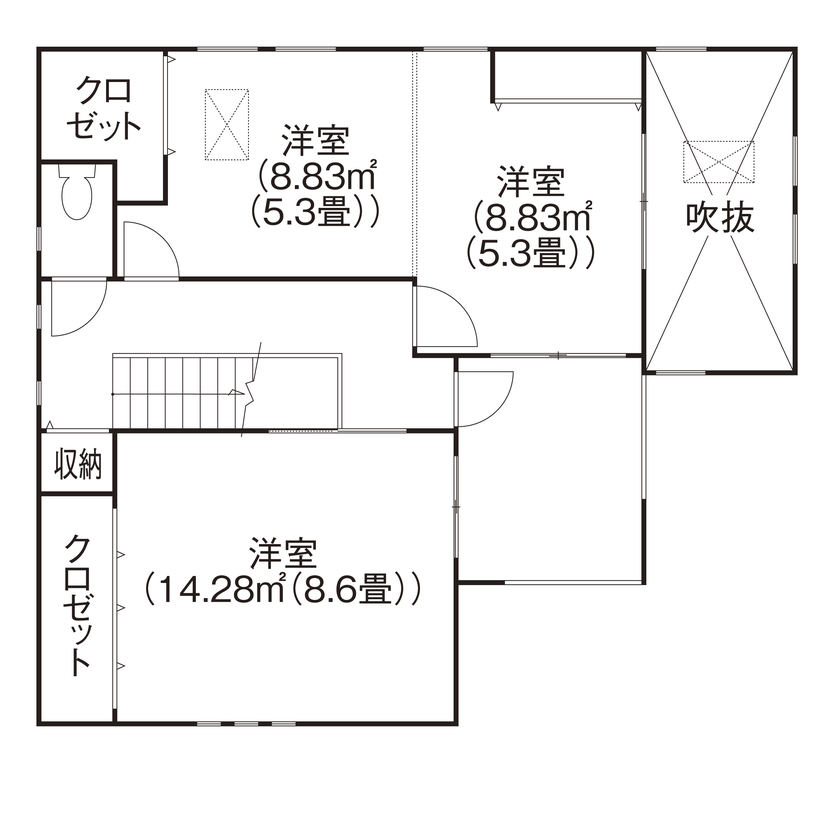 家物語　小林工務店 【吹き抜け/間取り図あり/1,000～1,500万円】直線の美しさが表現された外観。緑が彩る中庭のある家の間取り図（3LDK）2階