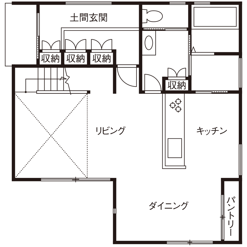 家物語　小林工務店 【1000～1500万円/33坪/間取り図有】拘りキッチンにガルバリウムの外装まで叶えた高いコストパフォーマンスの間取り図（3LDK）１階
