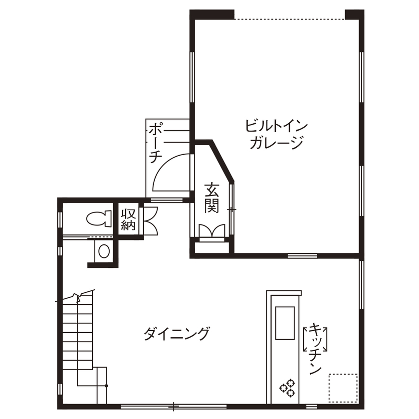 家物語　小林工務店 【～1,500万円/ビルドインガレージ/31坪台/間取り図有】「ビルドインガレージ&カフェ風のインテリアの間取り図（2LDK）１階