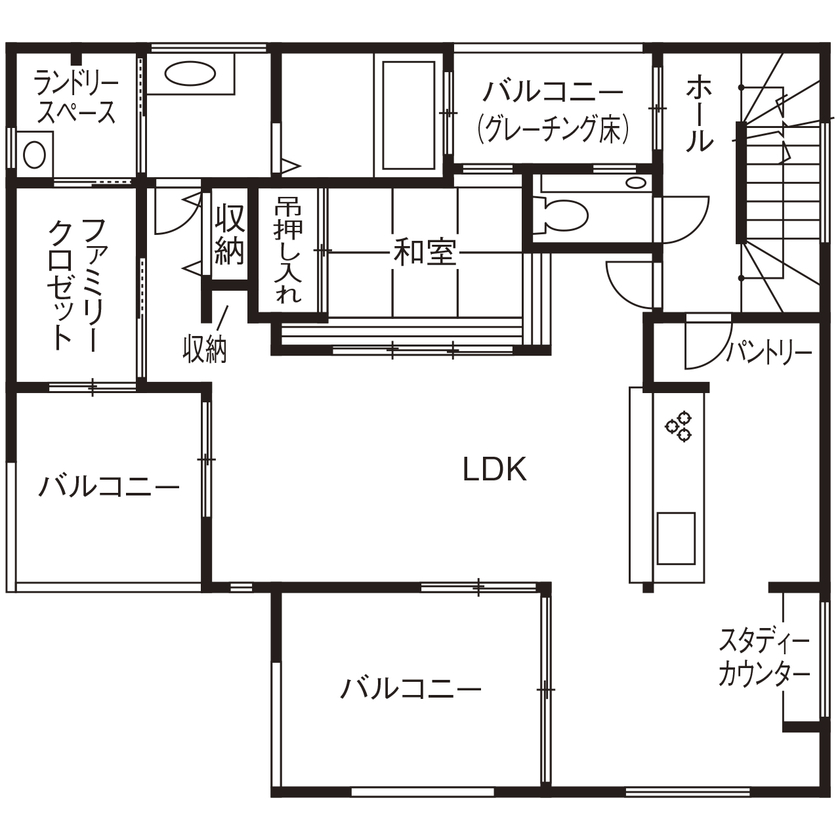 家物語　小林工務店 【1500万円～1999万円/吹き抜け/間取り図有】6人家族でも広々のバルコニーと和室のある家の間取り図（6LDK）２階