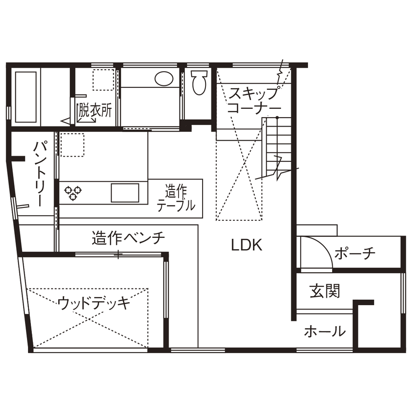 家物語　小林工務店 【1500万円~1999万円/無垢材/中庭/間取り図有】ウッドデッキ直結のLDK。家族時間から大人数ホームパーティの間取り図（4LDK）１階