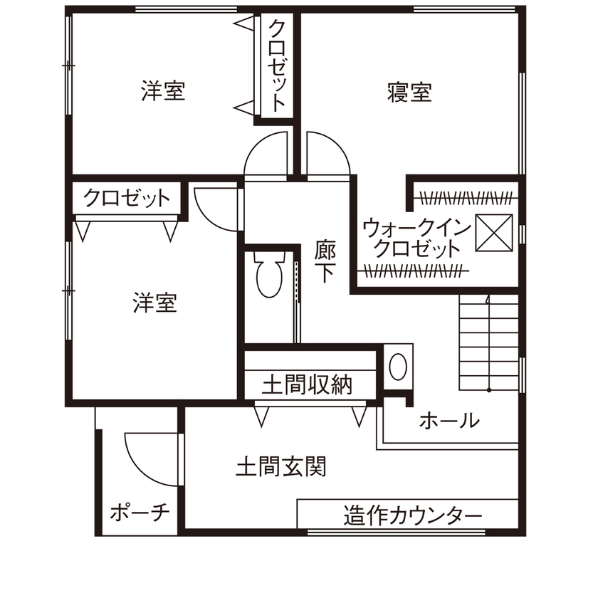家物語　小林工務店 【リビング階段/吹き抜け/1500～1999万円/間取り図】無垢材を使用し自社大工の造作家具のあるモダンハウスの間取り図（3LDK）１階