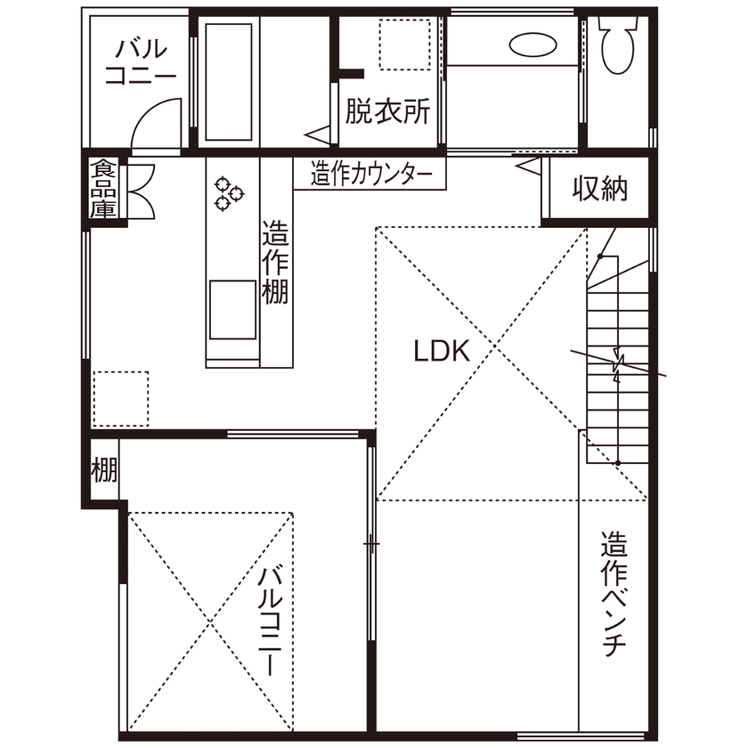 家物語　小林工務店 【リビング階段/吹き抜け/1500～1999万円/間取り図】無垢材を使用し自社大工の造作家具のあるモダンハウスの間取り図（3LDK）２階