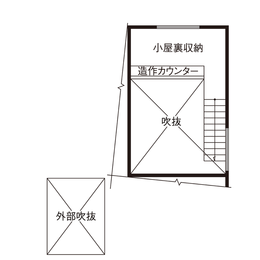 家物語　小林工務店 【リビング階段/吹き抜け/1500～1999万円/間取り図】無垢材を使用し自社大工の造作家具のあるモダンハウスの間取り図（3LDK）小屋裏