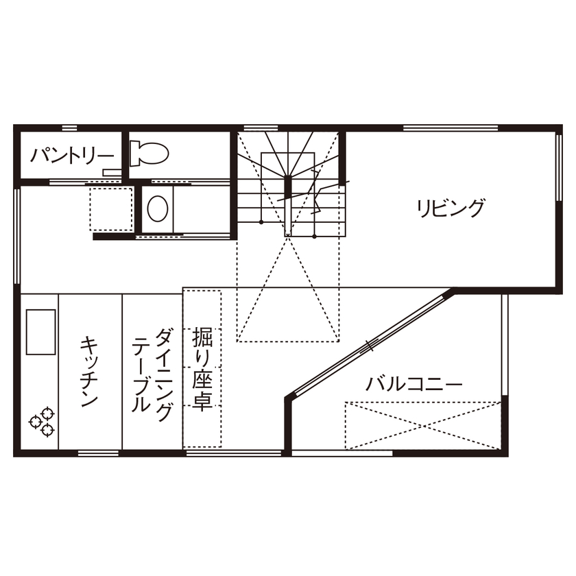家物語　小林工務店 【1500~1999万円/3階建て/インナーバルコニー/間取り図有】プライバシーと外へのつながりを両立した家の間取り図（2LDK＋納戸）２階