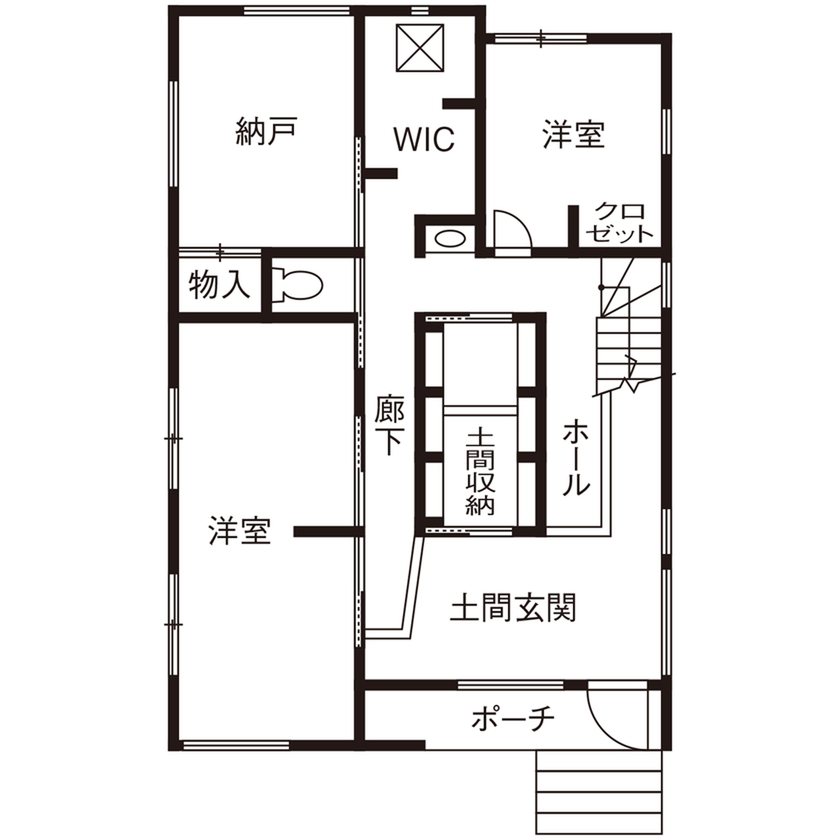 家物語　小林工務店 【2000万円台/吹き抜け/インナーバルコニー/間取り図有】伸びやかな空間。心身くつろぐ2階LDKの間取り図（2LDK＋納戸）1階