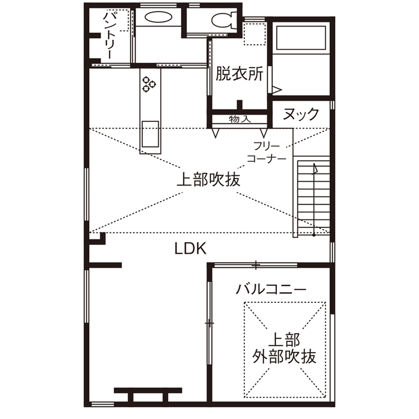 家物語　小林工務店 【2000万円台/吹き抜け/インナーバルコニー/間取り図有】伸びやかな空間。心身くつろぐ2階LDKの間取り図（2LDK＋納戸）2階