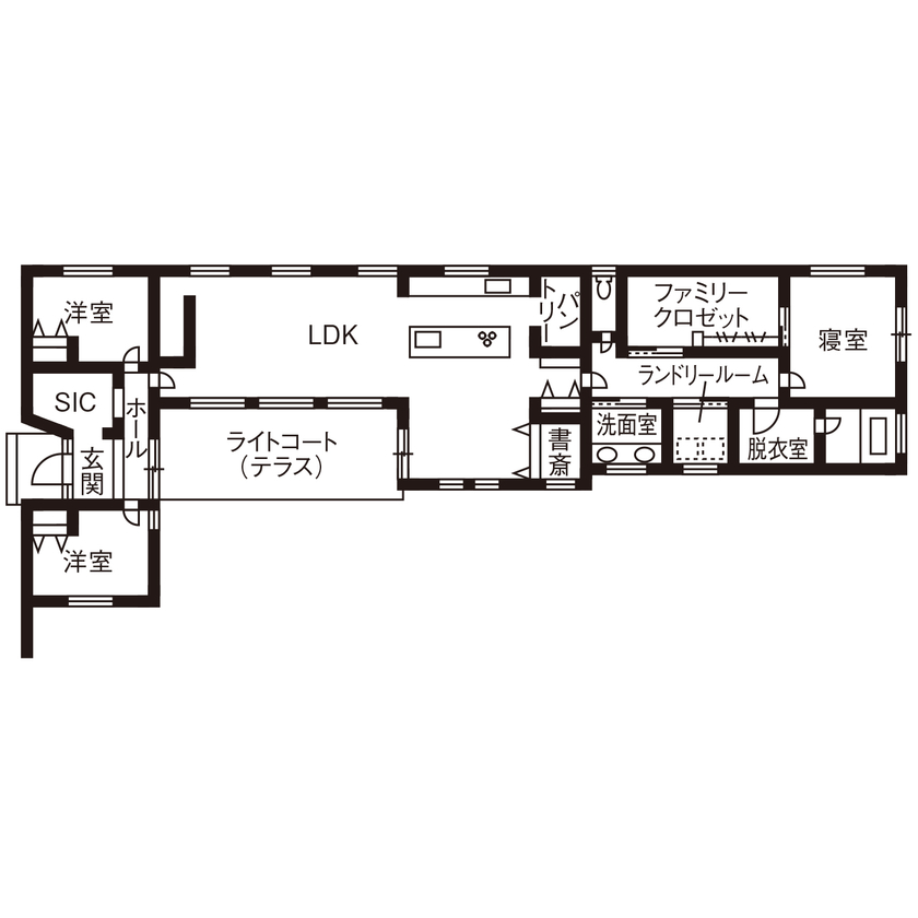 家物語　小林工務店 【2000万円台/平屋/ライトコート/間取り図有】モダンな空間。暮らしやすさと家族のつながりが高い家の間取り図（3LDK＋書斎）１階