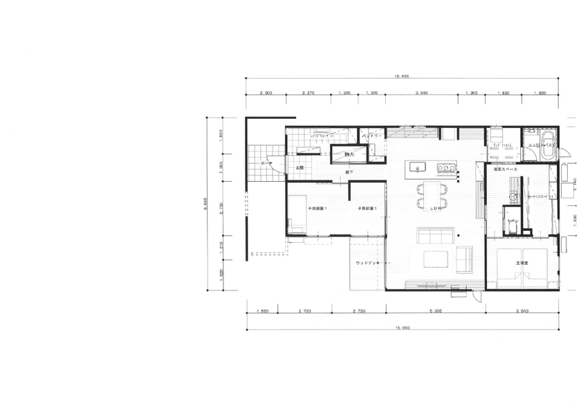 cocochi 藤岡萬建設 一級建築士事務所 【自然素材/平屋】家族が自然と集まる勾配天井の広々LDKがある平屋の間取り図（3LDK）1階