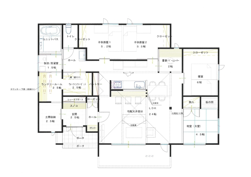 cocochi 藤岡萬建設 一級建築士事務所 【平屋/勾配天井/テラス】のどかな田園風景の中でスローライフを楽しむ平屋の間取り図（3LDK）1階