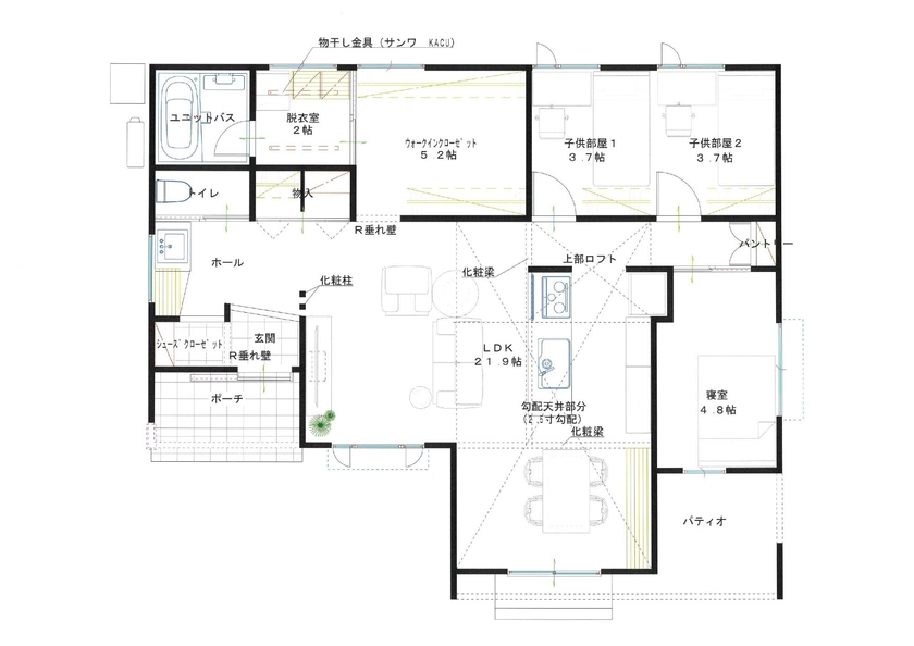 cocochi 藤岡萬建設 一級建築士事務所 【平屋/勾配天井/ロフト】“子育て世代”ロフトのある25坪平屋の間取り図（3LDK）1階