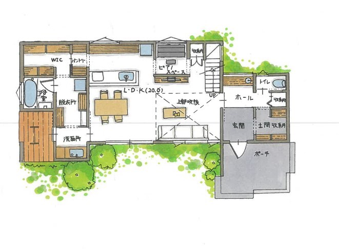 コラボハウス一級建築士事務所 【間取図有／設計士と直接話せる家づくり】大きな窓が切り取る庭の緑が、心を和ませてくれる家の間取り図（3LDK）1階