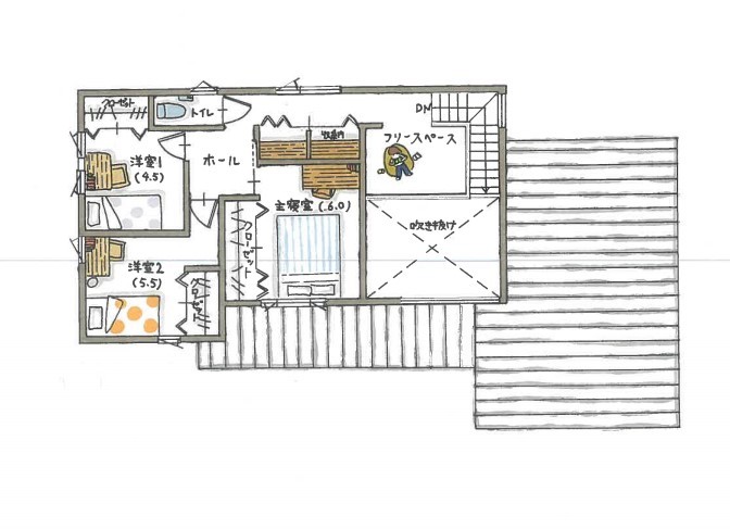 コラボハウス一級建築士事務所 【間取図有／設計士と直接話せる家づくり】大きな窓が切り取る庭の緑が、心を和ませてくれる家の間取り図（3LDK）2階