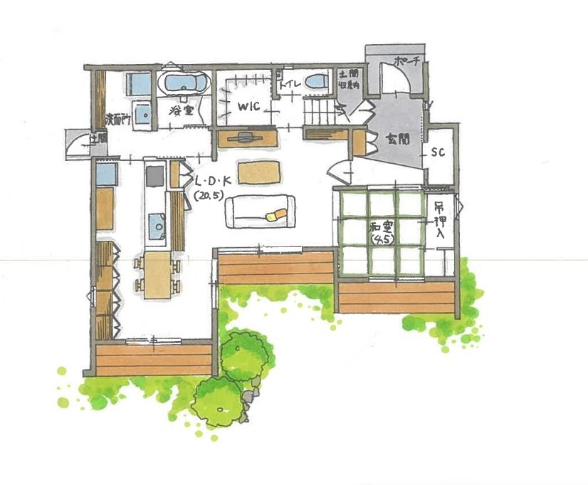 コラボハウス一級建築士事務所 【2000万円台/約38坪/間取図有】子育て中の設計士と建てた、自然素材が癒しのLDKとモダンなキューブ型の家の間取り図（4LDK）1階